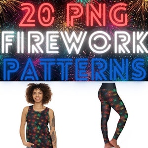 May include: 20 PNG firework patterns. A woman is wearing a black tank top with a colorful firework pattern. Another woman is wearing black leggings with the same firework pattern.