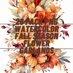 Splendore autunnale - Eleganti ghirlande di fiori ad acquerello della stagione autunnale, confezione da 28, PNG, uso commerciale