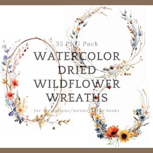 Boho Blossoms: aquarel gedroogde wilde bloemenkransen clip art pack - 35 ambachtelijke digitale PNG-afbeeldingen voor creatieve en commerciële projecten