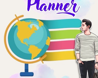 Puede incluir: Una portada de agenda estudiantil colorida con un globo terráqueo, rayas y una ilustración de dibujos animados de una persona con una mochila. El texto "Student Planner" está escrito en morado.