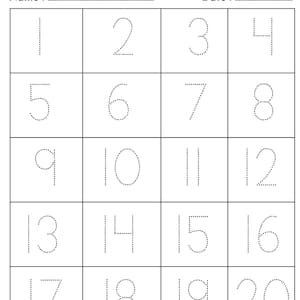 May include: A black and white worksheet with the title "Number Tracing". The worksheet has a grid with 20 squares, each containing a dotted number from 1 to 20. The numbers are in a standard font.