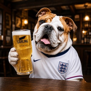 Pode incluir: Um bulldog inglês castanho e branco vestindo uma camisola desportiva branca com um logótipo azul e o brasão de Inglaterra. O cão segura um copo de cerveja dourada com espuma branca, com o texto preto CARLING BURTON-ON-TRENT GREAT BRITAIN.