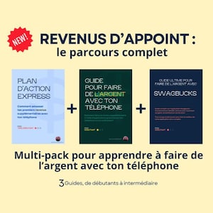 Peut inclure: Image promotionnelle de trois livres : "Plan d'Action Express", "Guide Pour Faire de l'Argent Avec Ton Téléphone", et "Guide Ultime Pour Faire de l'Argent Avec Swagbucks". Le texte promeut l'apprentissage pour gagner de l'argent avec un téléphone.