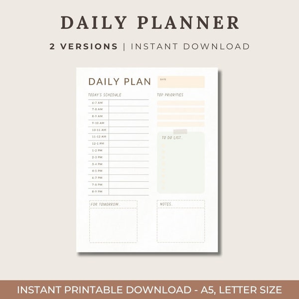 Daily Planner Printable, Printable Day Planner, Planner Template for Day, Instant Download, A5/Letter