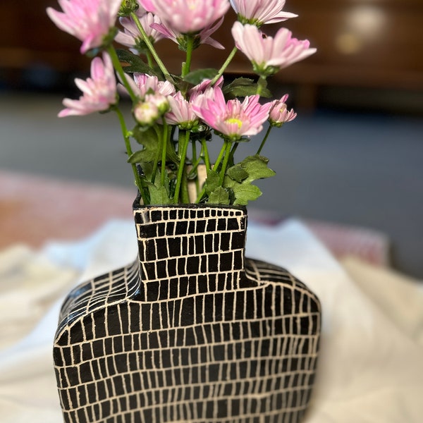 Medium-Sized Black Handbuilt Tiled Ceramic Vase | Bronte Margaret Home