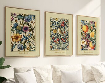 Vintage galerij muur print set van 3 William Morris geïnspireerd boerderij decor cottagecore esthetische muur kunst afdrukbare kunst woonkamer decor