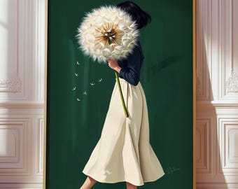 Estampado verde esmeralda, Mujer con diente de león, Estampado minimalista ecléctico, Arte impreso enviado