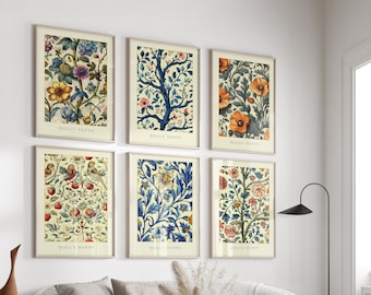 Set di 6 stampe da parete per gallerie vintage di 6 decorazioni per la fattoria ispirate a William Morris, decorazioni per il soggiorno, arte estetica da parete, arte stampabile, cottagecore