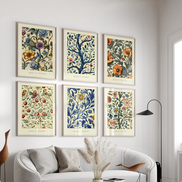 Vintage-Galerie-Wanddrucke, 6er-Set, William Morris inspiriertes Bauernhausdekor, Cottagecore-ästhetische Wandkunst, druckbare Kunst, Wohnzimmerdekor