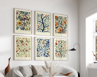 Vintage gallery wall  print set of 6 William Morris inspired farmhouse decor cottagecore aesthetic wall art printable art living room decor