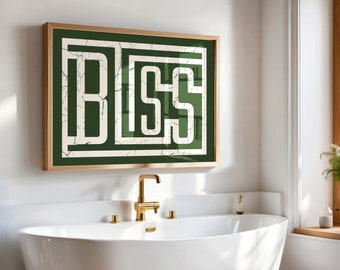 Bliss typografie print badkamer decor muur kunst print over bed modern interieur groen esthetische kamer decor trendy poster afdrukbare kunst
