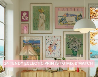 Gallery wall set of 24 prints coquette aesthetic maximalist decor floral wall art printable art living room decor eclectic home decor art