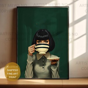 May include: Fine art print of a woman with black hair holding a teacup with blue stripes. The artwork features a green background and a black frame. The print includes the text "SHIPPED FINE ART PRINT".
