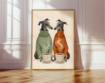 Greyhound Coffee Art Print: Sage Green & Terracotta Sweaters (Digital Download)