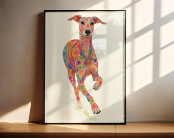 Op de afbeelding: Een ingelijste kunstdruk met een kleurrijke illustratie van een rennende hond. Het lichaam van de hond is versierd met een bloemenpatroon in roze, oranje, geel, blauw en groen. Het kunstwerk staat tegen een witte achtergrond.