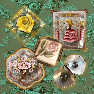 May include: An assortment of vintage brooches featuring floral and geometric designs. The brooches are made of glass, metal, and fabric. The brooches are in various colours, including pink, yellow, green, and white.