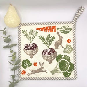 Quilted Pot Holder, unique stamped design of vegetables and a hare, Heat Resistant Kitchenware, Homeware
