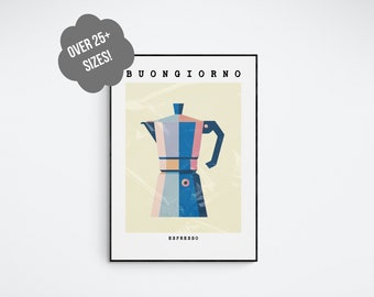 Retro Italian Coffee Lover&#39;s Décor - Vibrant Moka Pot Wall Art, &#39;Buongiorno Caffè&#39;, Espresso? - DIGITAL FILE