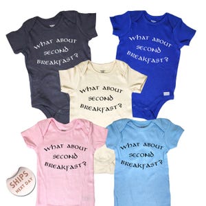 six baby onesies with the same question printed on them, "What about second breakfast?"