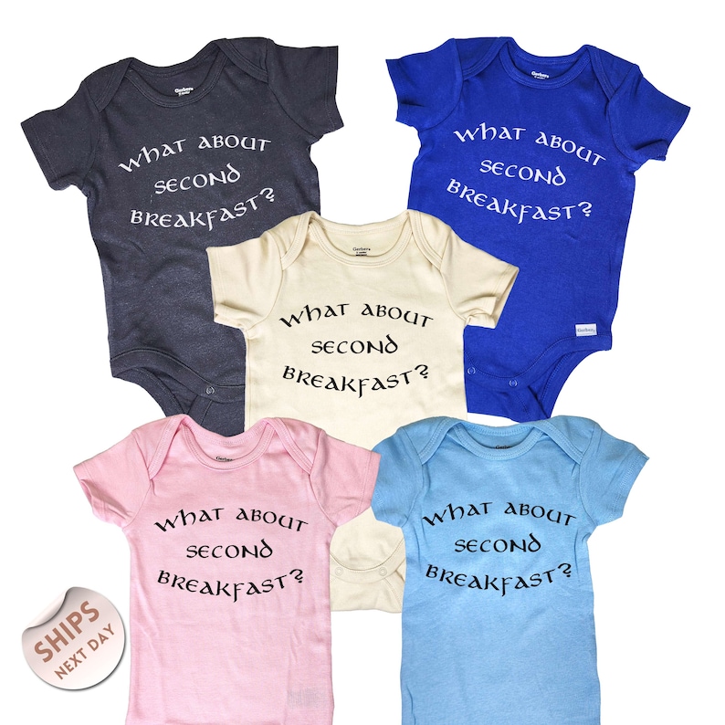 six baby onesies with the same question printed on them, "What about second breakfast?"