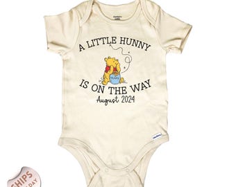 A Little Hunny Is On The Way Custom Announcement Baby Onesie®, Personalized Pooh Bear Bodysuit, Baby Shower Gift, baby Gift, 2000322