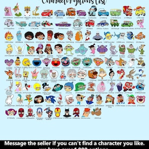 a large collection of cartoon character images, including various types of vehicles, animals, and people. The image is not a single image but rather a collage of multiple images, each depicting a different character. The image does not contain any text, and the seller has over 1,000 character options available.