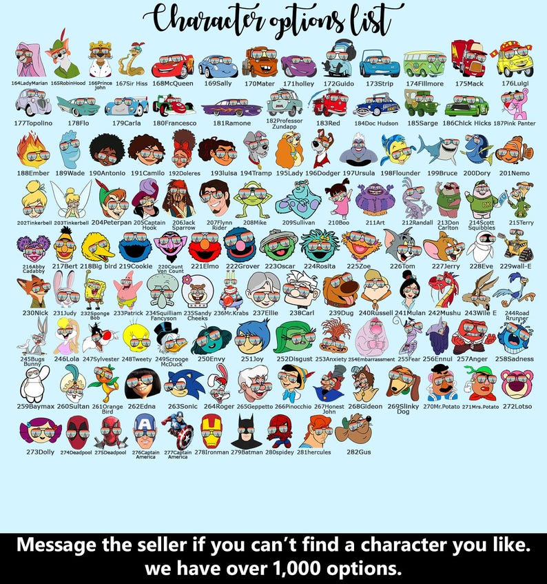a large collection of cartoon character images, including various types of vehicles, animals, and people. The image is not a single image but rather a collage of multiple images, each depicting a different character. The image does not contain any text, and the seller has over 1,000 character options available.