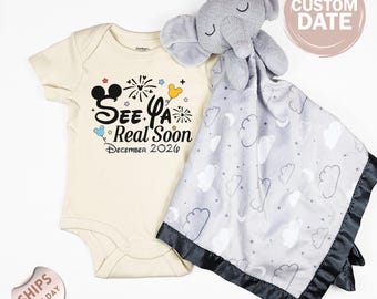 Disney Pregnancy Announcement Baby Onesie®and blanket, Custom See Ya Real Soon with Mickey Ears & Balloon Onesie®, baby shower gift, 2001287