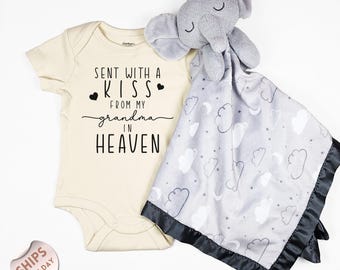 personalized Sent With A Kiss From My Grandma - Grandpa In Heaven Baby Onesie®, Baby Announcement, Baby Shower Gift, 2000631