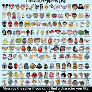 a large collection of cartoon character faces and expressions, ranging from popular characters like Mickey Mouse and Minnie Mouse to more obscure ones. The characters are arranged in rows and columns, with each row representing a different character and each column representing a different feature or characteristic. The image is a collage of various cartoon character images, and there are over 1,000 options to choose from.