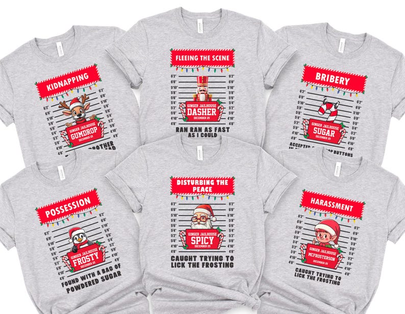 A collection of six gray t-shirts with Christmas-themed designs and text, including various holiday-related puns and phrases.