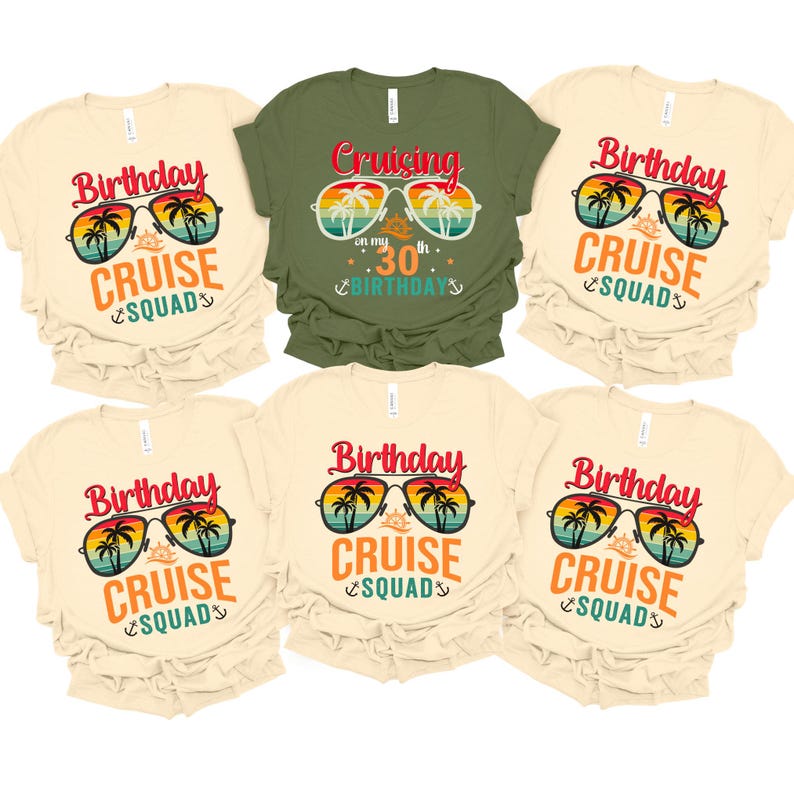 a bunch of shirts that say birthday cruise squad