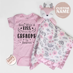 personalized Sent With A Kiss From My Grandma - Grandpa In Heaven Baby Bodysuit and blanket, Baby Announcement, Baby Shower Gift, 2001084