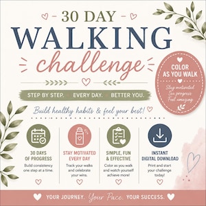 May include: A 30 Day Walking Challenge digital tracker featuring navy, sage green, and dusty rose text and icons. The design includes a calendar, water bottle, checklist, and download icon, with the text: 30 DAY WALKING CHALLENGE, STEP BY STEP, EVERY DAY, BETTER YOU, COLOR AS YOU WALK, and YOUR JOURNEY. Your Pace. YOUR SUCCESS.
