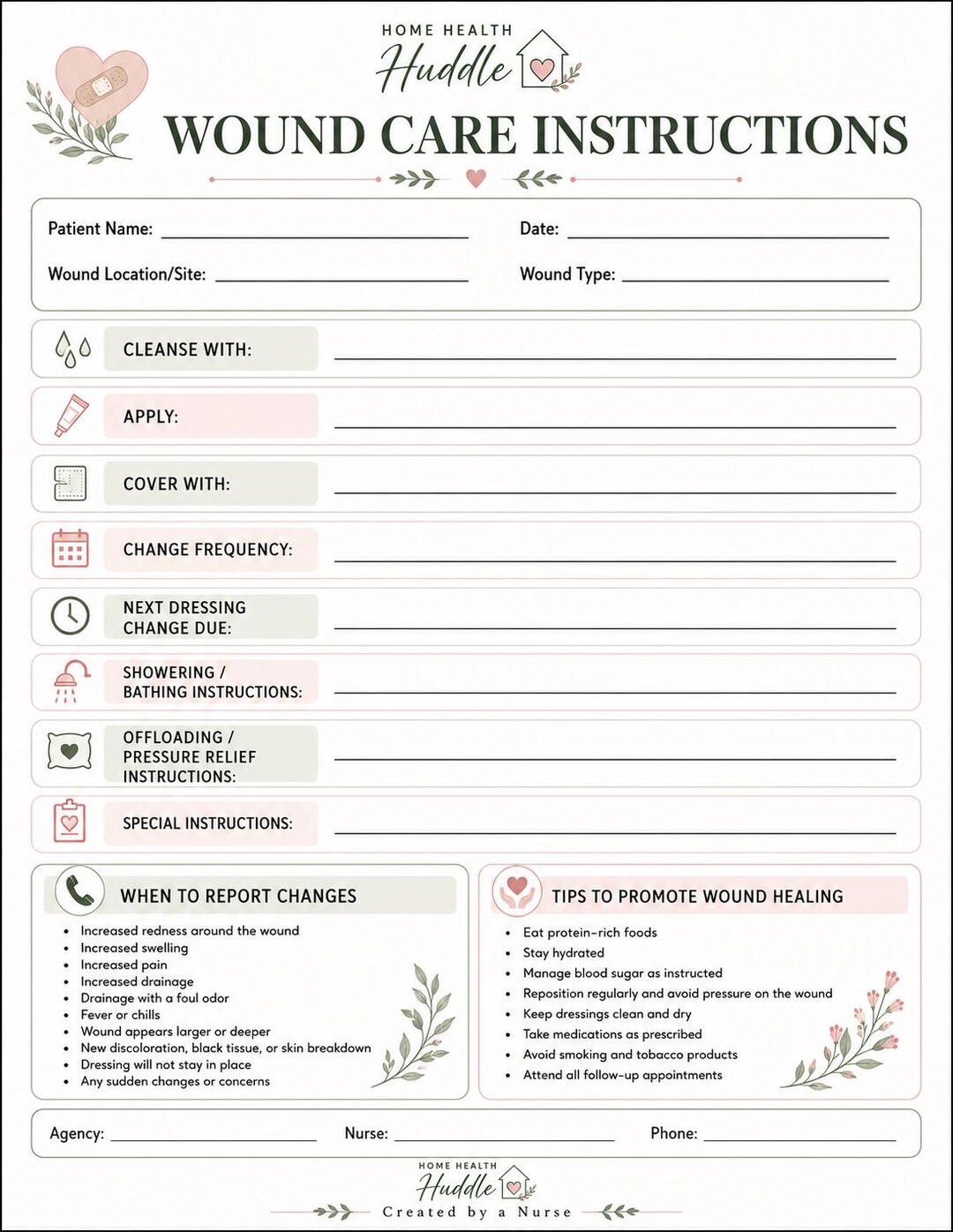 Wound Care Instructions Printable | Patient Home Health Template (PDF ...
