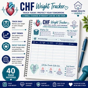 May include: A 40-page spiral-bound CHF Weight Tracker notepad featuring a heart illustration, daily weight logging columns, weighing tips, and provider contact guidelines. The layout includes sections for date, weight in lbs, change, symptoms, and notes.