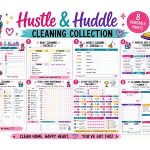 May include: A collection of eight printable cleaning planner pages titled Hustle & Huddle Cleaning Collection. The set includes checklists, schedules, and trackers for daily, weekly, monthly, seasonal, and yearly home maintenance tasks.