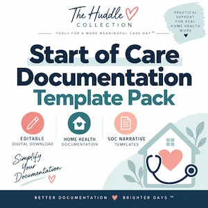 Può includere: Un pacchetto di modelli di documentazione di inizio assistenza di The Huddle Collection. La grafica presenta testo blu scuro, icone rosa e verde acqua e un'illustrazione di una casa con un cuore e uno stetoscopio. Include Simplify Your Documentation.