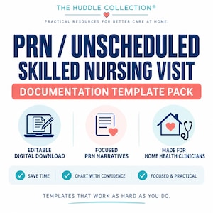 Puede incluir: Un paquete de plantillas de documentación digital titulado PRN / UNSCHEDULED SKILLED NURSING VISIT de The Huddle Collection. Incluye iconos para descargas digitales editables, narrativas PRN enfocadas y clínicos de salud a domicilio con marcas.