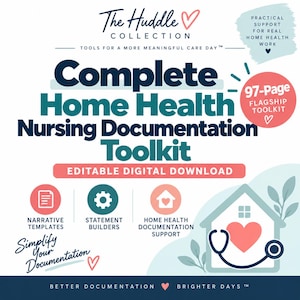 Puede incluir: The Huddle Collection Complete Home Health Nursing Documentation Toolkit es una descarga digital editable. Este kit de herramientas insignia de 97 páginas incluye plantillas narrativas, generadores de declaraciones y soporte de documentación.