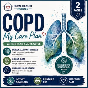 Può includere: Un documento digitale intitolato COPD My Care Plan Action Plan & Zone Guide con un'illustrazione ad acquerello di polmoni umani. Il testo include sezioni per un piano d'azione personalizzato, una guida a 3 zone e note sul design professionale.