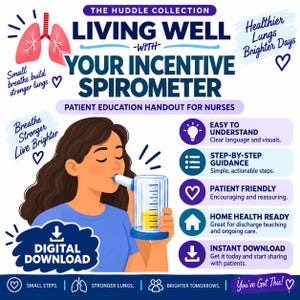 May include: A digital patient education handout titled The Huddle Collection Living Well With Your Incentive Spirometer. It features an illustration of a person using a clear incentive spirometer, with text highlights for nurses, step-by-step guidance, and home health readiness.
