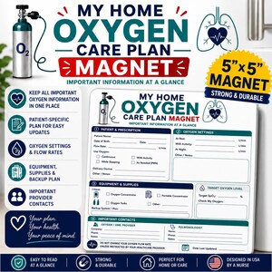May include: A white square 12.7 cm by 12.7 cm magnet titled My Home Oxygen Care Plan Magnet. It features sections for patient details, oxygen settings, equipment, supplies, and provider contacts with blank lines for writing information in ink.