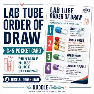 May include: A 3x5 pocket card digital download titled Lab Tube Order of Draw. The reference guide features a numbered list with corresponding colored test tubes: light blue, red, gold, green, and purple, detailing additives and common lab tests.