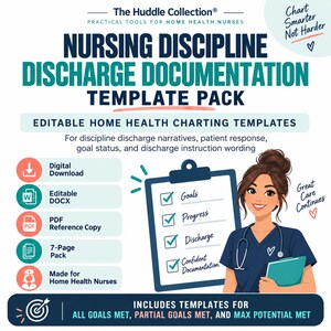 Può includere: Un pacchetto di modelli digitali per la documentazione di dimissioni infermieristiche con il testo The Huddle Collection, Nursing Discipline Discharge Documentation Template Pack e Chart Smarter Not Harder. Include un grafico con appunti e un'illustrazione di un infermiere.