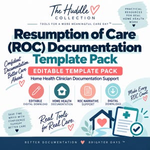Può includere: Un pacchetto di modelli digitali per la documentazione di ripresa delle cure (ROC) per operatori sanitari domiciliari. La grafica include il testo The Huddle Collection, pacchetto di modelli modificabili e icone come una casa con un cuore.