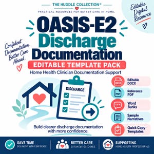 Puede incluir: Un paquete de plantillas digitales editables para la documentación de alta OASIS-E2. El gráfico presenta el texto The Huddle Collection, Practical Resources for Better Care at Home, y enumera componentes como Editable DOCX, Reference PDF, Word Banks, Sample Narratives y Quick Copy Templates.