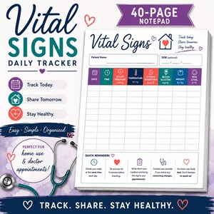 May include: A 40-page Vital Signs Daily Tracker notepad featuring a grid for recording date, time, blood pressure, temperature, oxygen saturation, blood glucose, weight, and pain level, with a section for quick health reminders and a stethoscope.