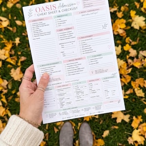 Peut inclure: Un document papier blanc intitulé OASIS Admission CHEAT SHEET & CHECKLIST avec des accents roses et bleu sarcelle. Le formulaire contient des sections pour les bases de l'admission, les vaccinations, les objectifs, la douleur et les évaluations.