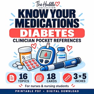 May include: A digital graphic titled The Huddle Collection Know Your Medications Diabetes Clinician Pocket References. It features illustrations of a pill bottle, blister pack, glucose meter, vial, and insulin pen, with text indicating 16 topics, 18 cards, and 3x5 inches.